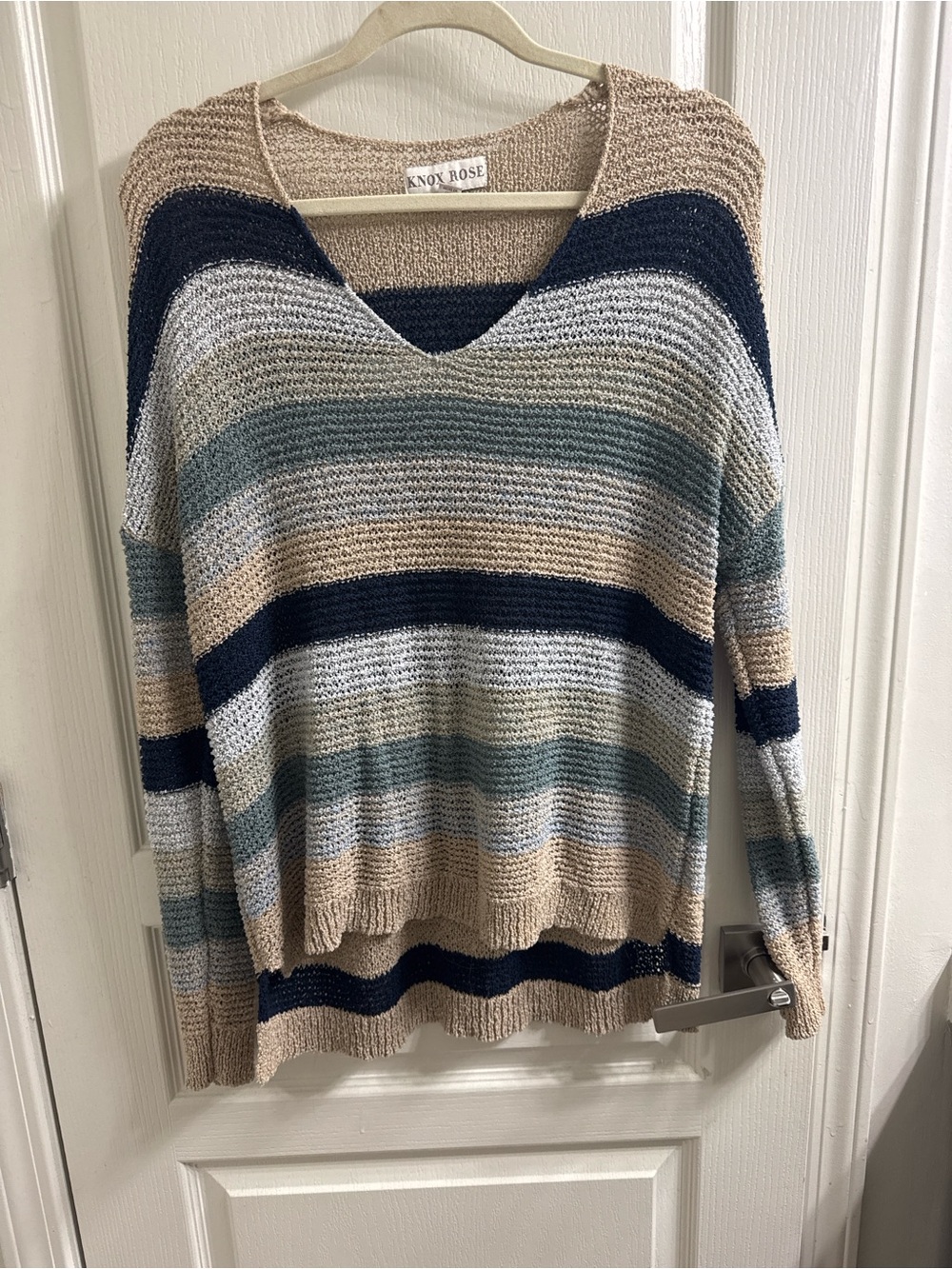 Knox Rose Women's Striped V-Neck Sweater - Beige, Navy, Gray
